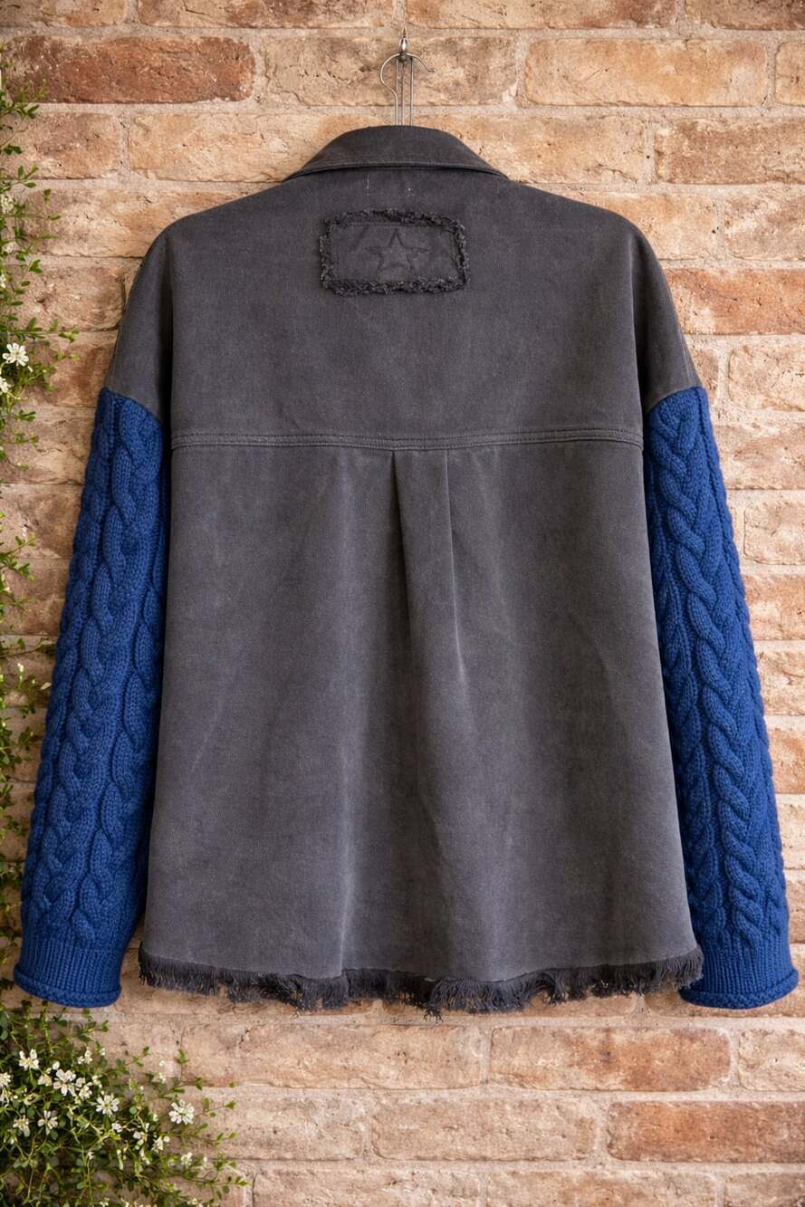 POL Cable Knit Sleeve Raw Hem Denim Shacket SMJ176 - Picture 3 of 5